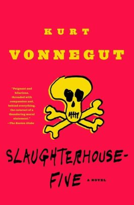 Cover of &quot;Slaughterhouse-Five&quot; by Kurt Vonnegut, a satirical novel blending science fiction and war, centered around the bombing of Dresden during World War II.